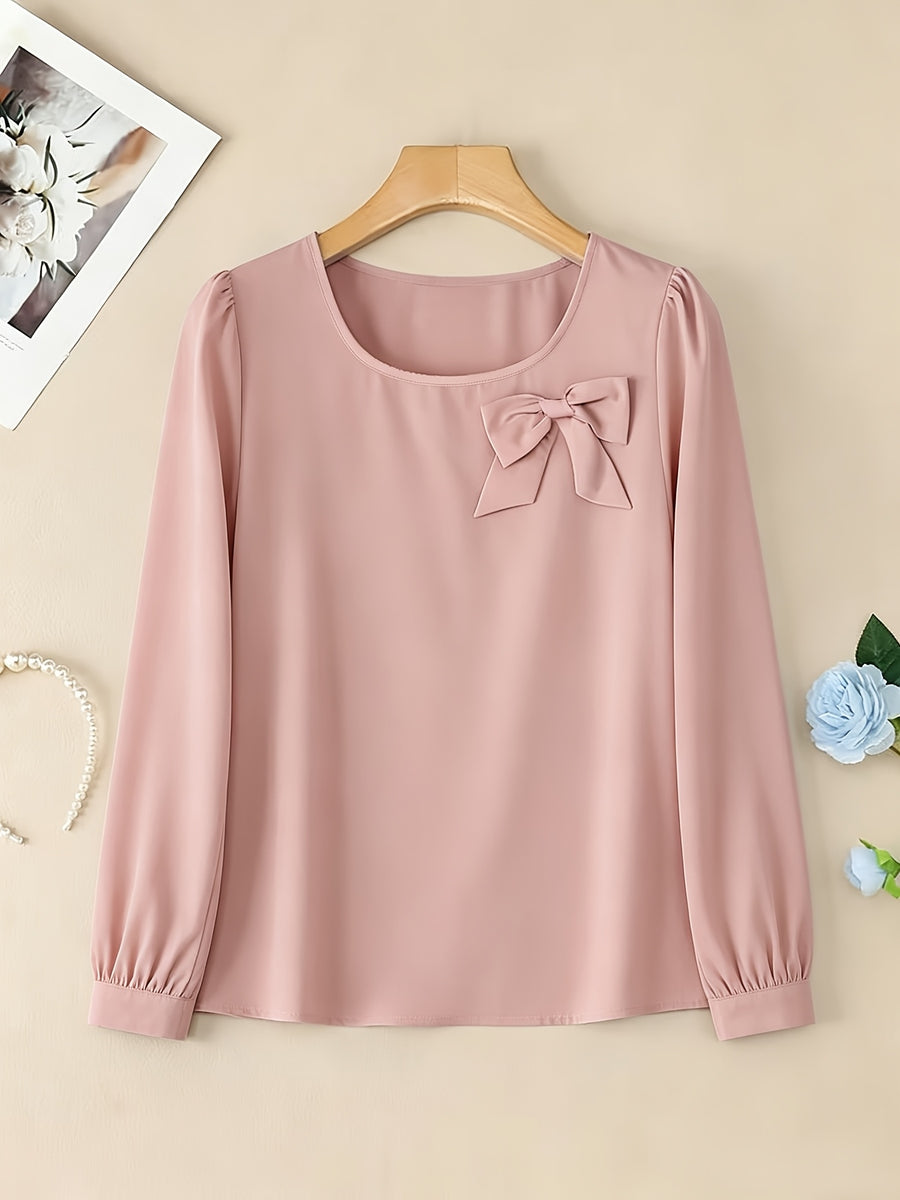 Elegant Casual Long-Sleeve Blouse with Bow and Lantern Sleeves, Solid Color Top ASD1 - Pink