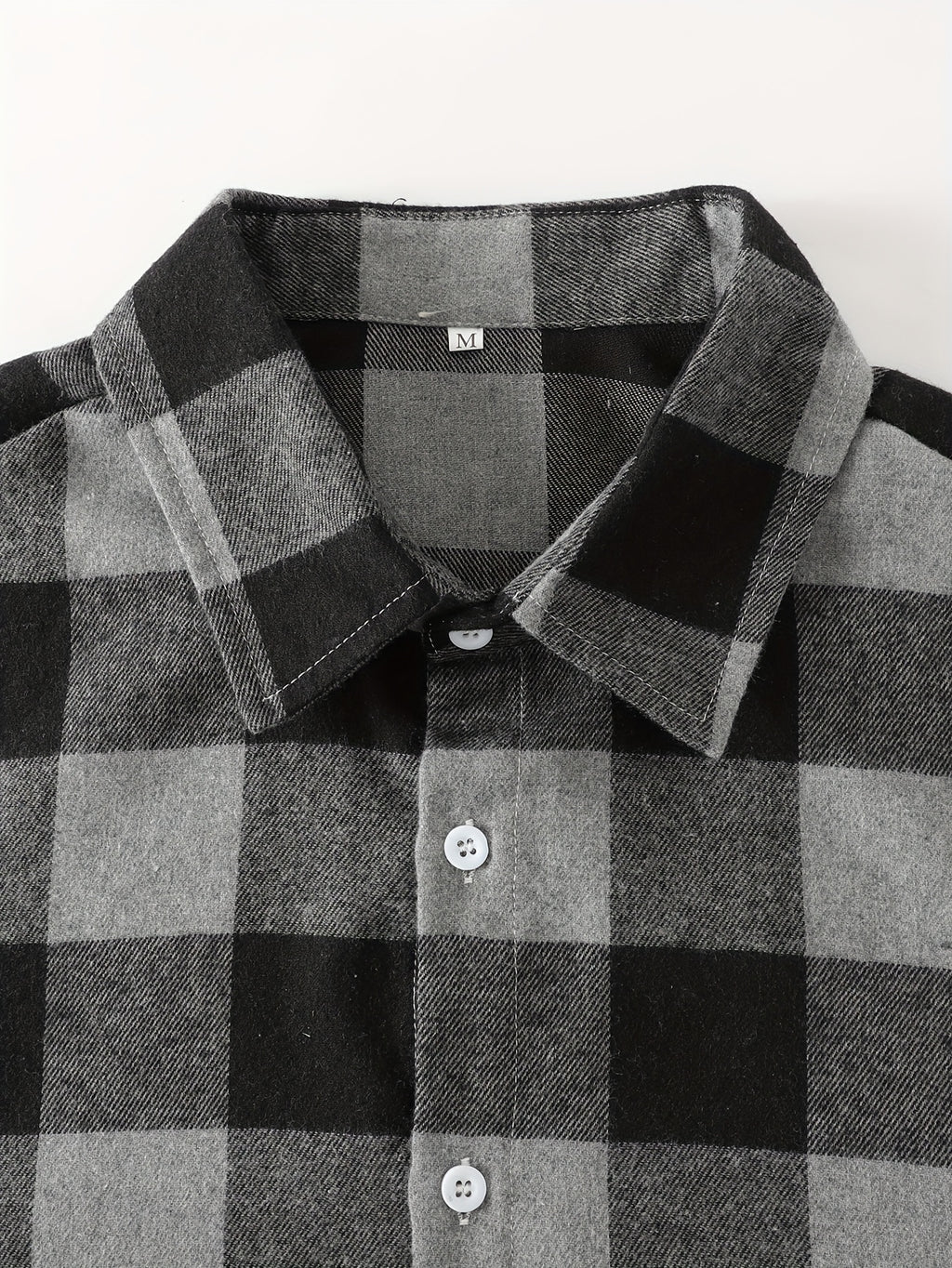 Men's Plaid Flannel Front Open Button-Up Casual Short-Sleeve Shirt, Suitable for Dates or as a Gift for Husband, Plaid Pattern, for Spring and Summer, Regular Fit, Button Design - Black