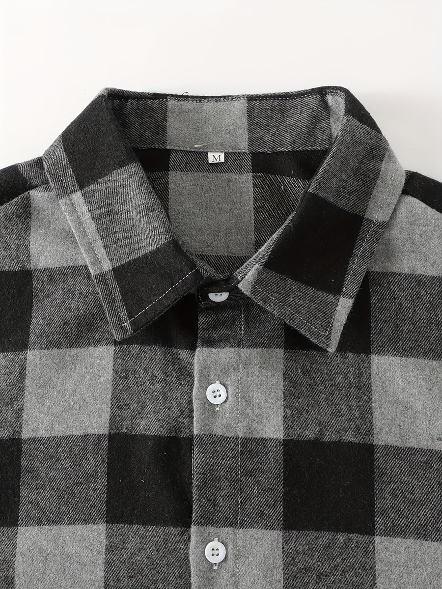 Men's Plaid Flannel Front Open Button-Up Casual Short-Sleeve Shirt, Suitable for Dates or as a Gift for Husband, Plaid Pattern, for Spring and Summer, Regular Fit, Button Design - Black