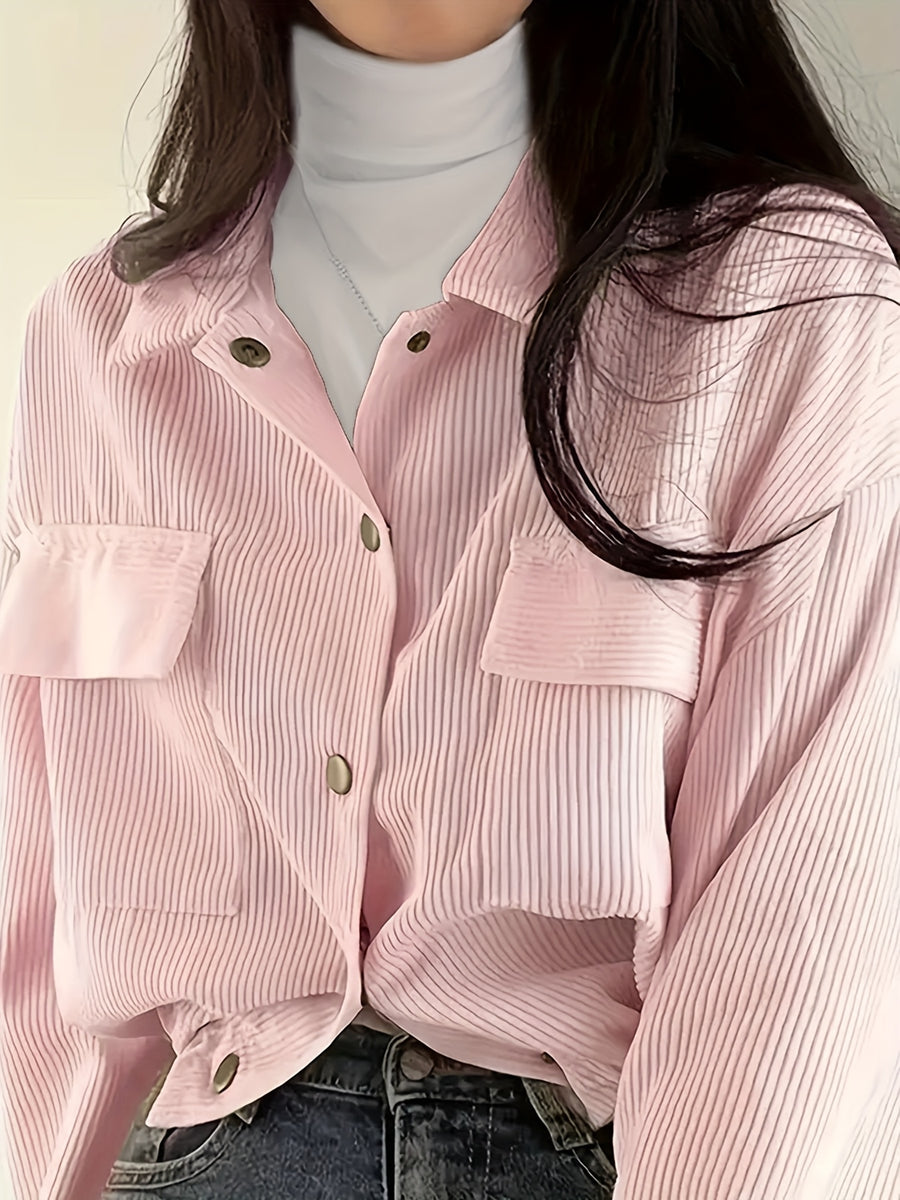 Beautiful Ladies' Jacket On, New Valentine'S Day Arrivals, Women'S Jacket Discounts, Solid Color Corduroy Pocket Lapel Long-Sleeved Coat Casual Jacket Cardigan, Suitable for Casual to Semi-Formal Attire, Layered Wear, Classic Design - Pink Color