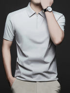 Men's Summer Lapel Polo Shirt, Fashionable and Versatile Light Luxury Zipper Top, Business Casual Breathable Short-Sleeve T-Shirt, Suitable for Daily Work Scenes - Light Grey