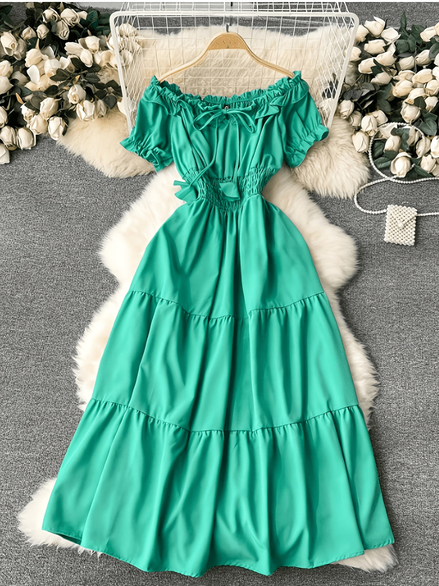 Spring/Summer French-Style Dress for Women, Solid Color, Elegant and Gentle Style, Off-Shoulder Neckline, Short Sleeves, Red Spliced Maxi Skirt, Puff Sleeves, Waist-Cinching Fairy Dress, Sweet Vacation Dress, Gavin - Emerald Green