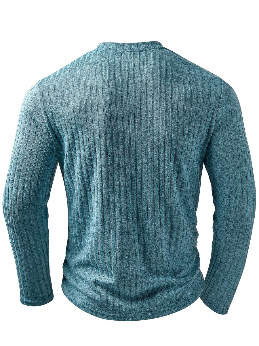 Men'S Fashion Top, Autumn Winter Outdoor Casual Textured Ribbed Fabric, Zipper Neck Design Long Sleeve Patchwork Men'S Henley Shirt - Military Blue