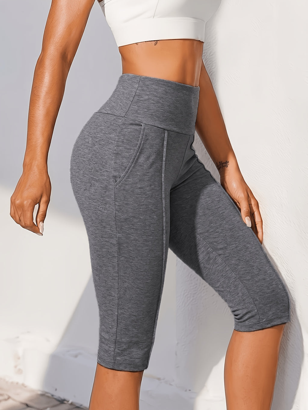 An Elegant High-waist Butt-lifting Cropped Pants, High-stretch Banded Pocket Tight-fitting Fitness Pants, Stretchy and Loungewear Pants for Women - Dark Gray