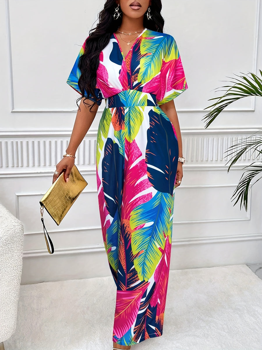 Print Batwing Sleeve Random Print Jumpsuit - Polychrome