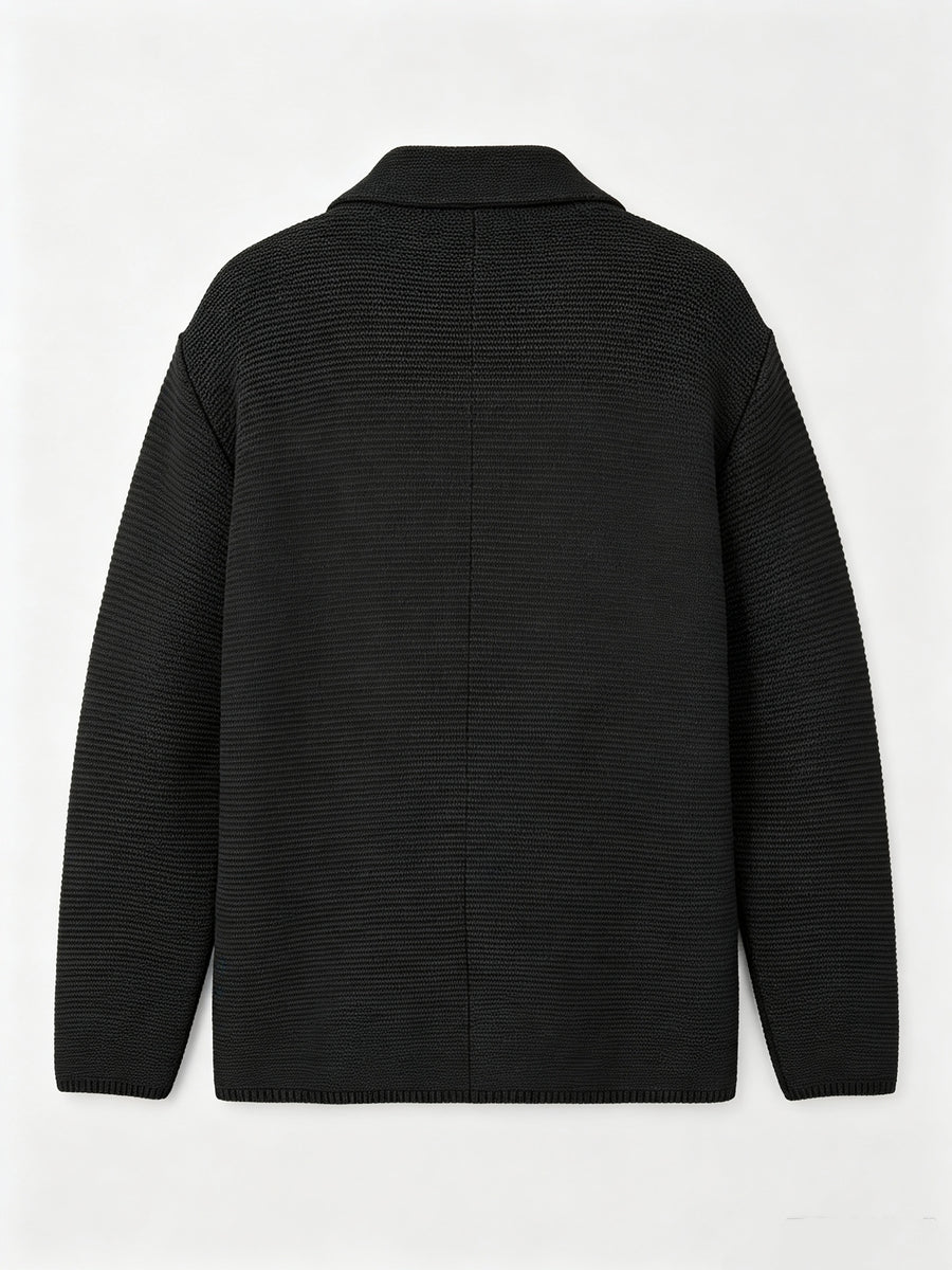 Men's New Autumn/Winter Double-Breasted Knit Jacket, Loose Fit Casual Suit-Style Top with Lapel. European/American Style Men's Notched Lapel Knit Cardigan with Double-Breasted Design, Versatile Outerwear for Spring/Autumn, Suitable for Both Commuting - Black