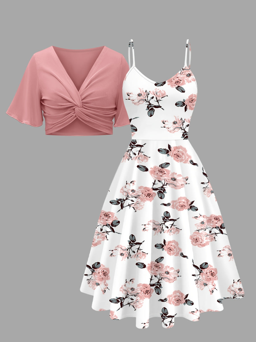Women'S Elegant Dress Set, Solid Color V-Neck Twist Short Sleeve Top, Floral Print Suspender Dress Two-Piece Set - Pink Color