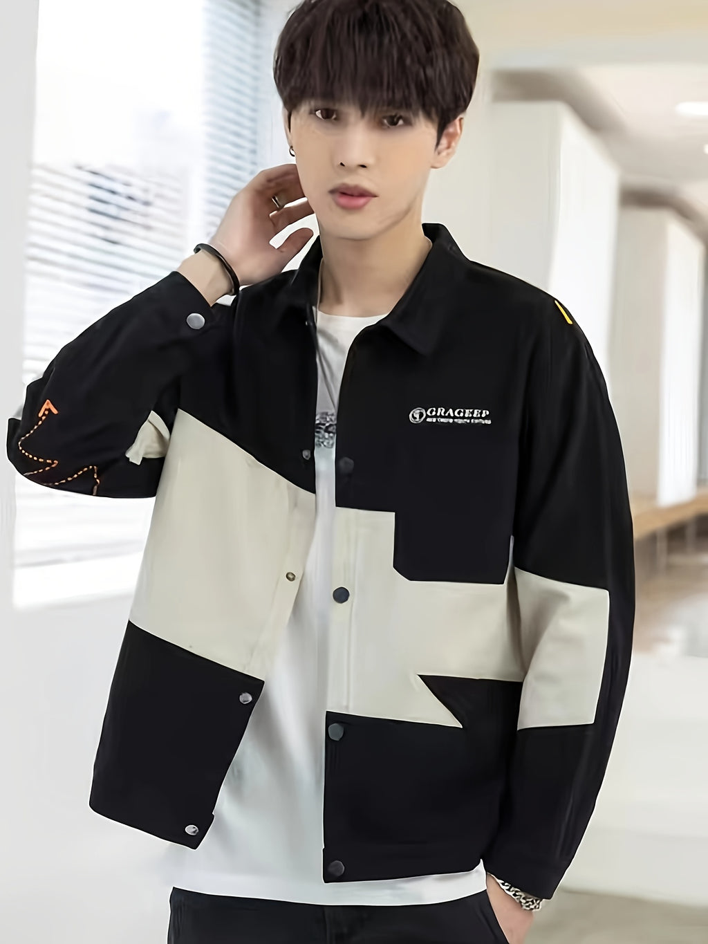 Patchwork Jacket Men'S Trendy Cool Loose Men'S Autumn Top Coat Jacket Spring Autumn Style All-Match - Black