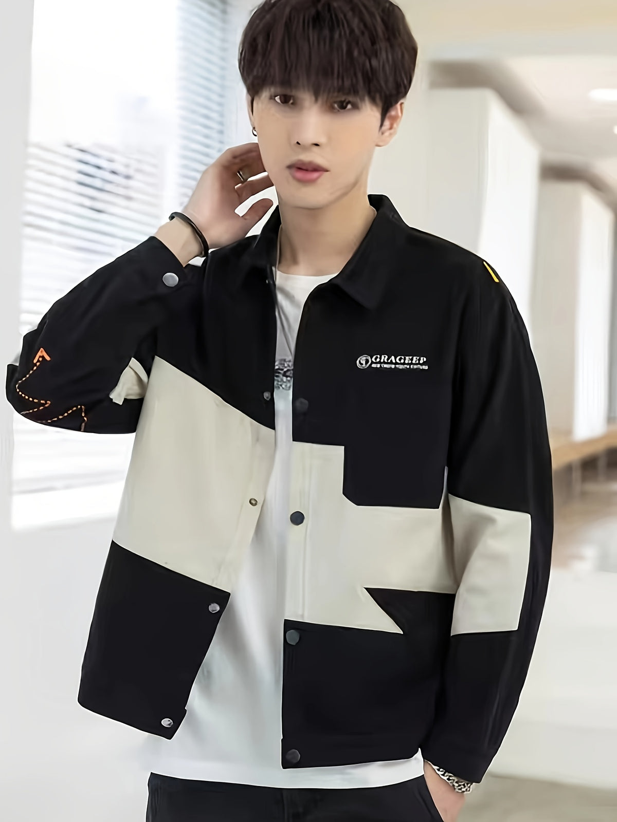 Patchwork Jacket Men'S Trendy Cool Loose Men'S Autumn Top Coat Jacket Spring Autumn Style All-Match - Black