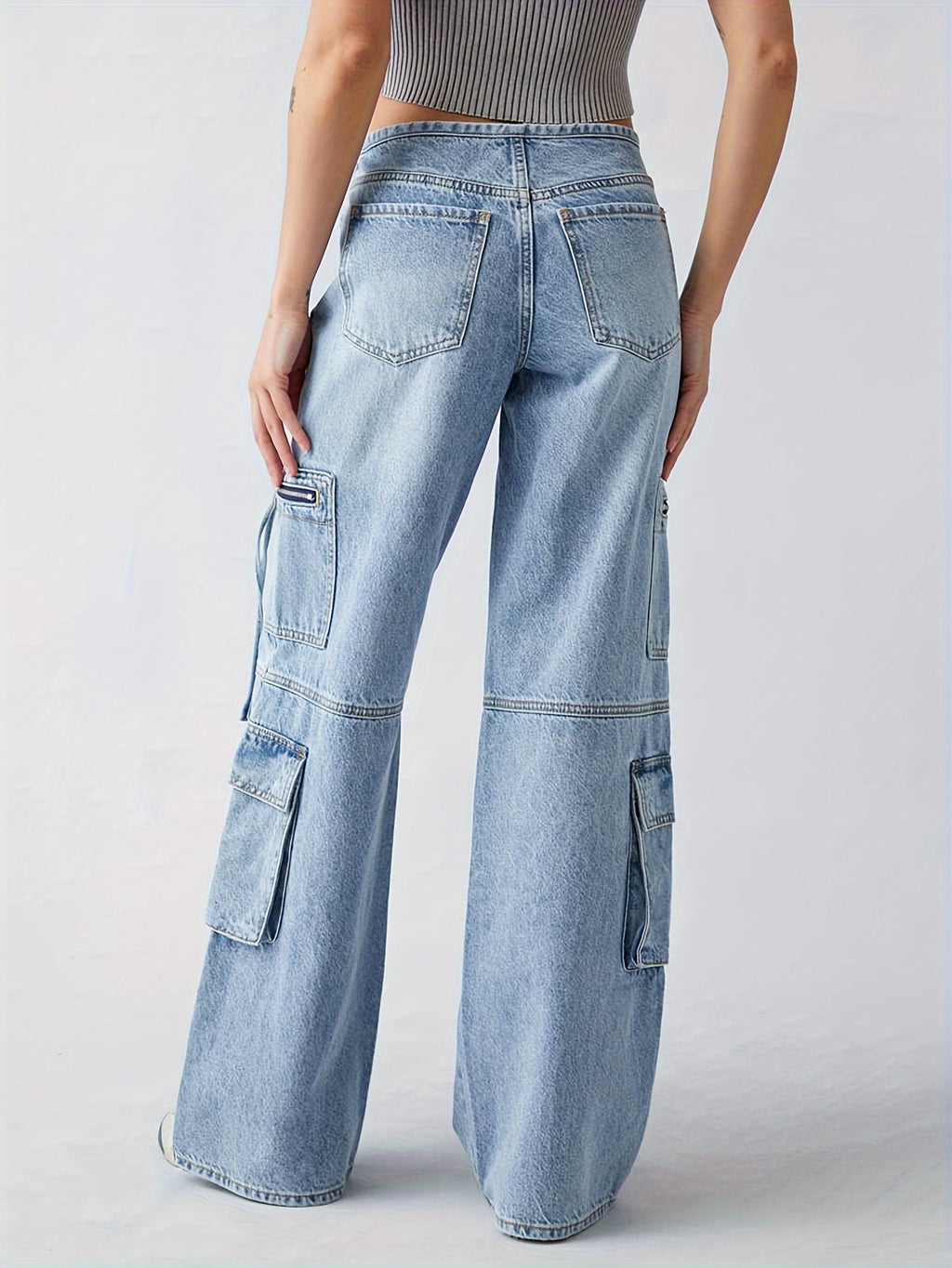Women Multi Pocket Cargo Wide Leg Jeans, Loose Denim Pants with Strap Detail, Sultry Hot Streetwear Casual Trousers - Blue