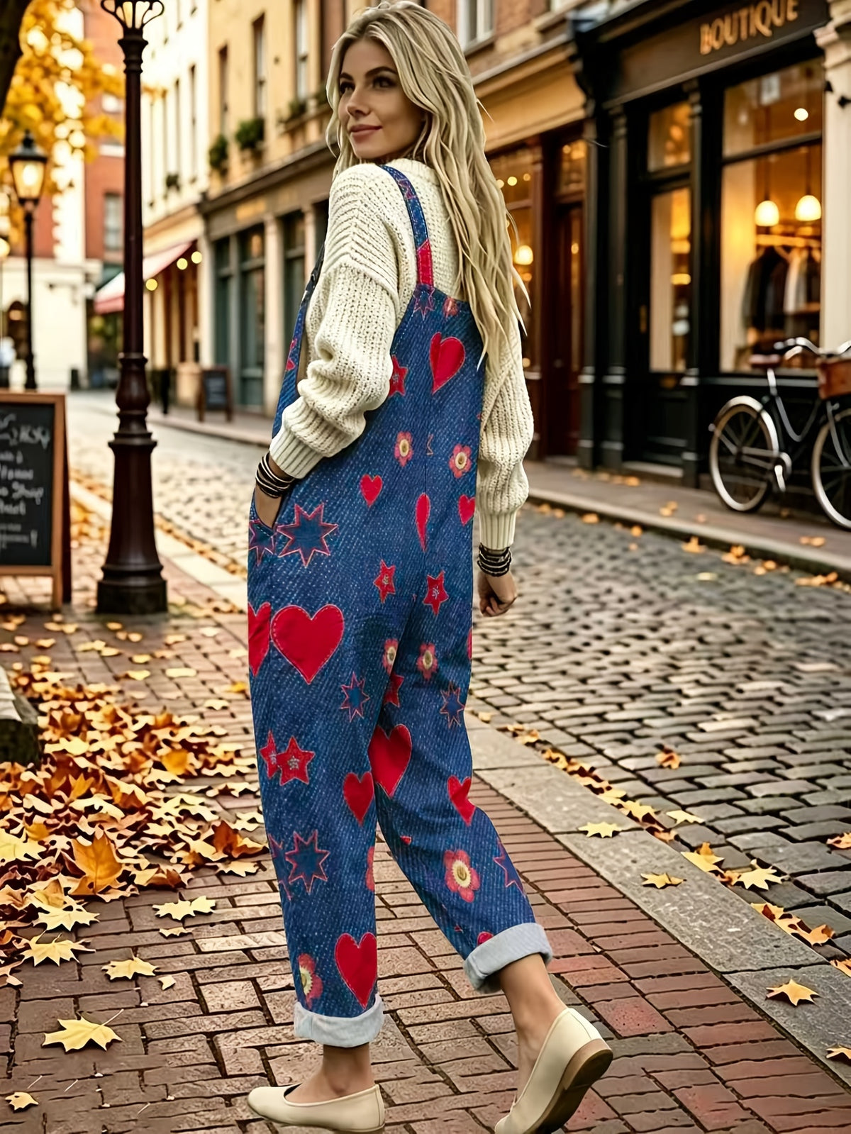 New Autumn Sweet Heart Star Flower Print Denim Overalls Women's Loose Wide Leg Rolled Hem Multi-Pocket Age-Reducing Casual Jumpsuit - Mixed colors