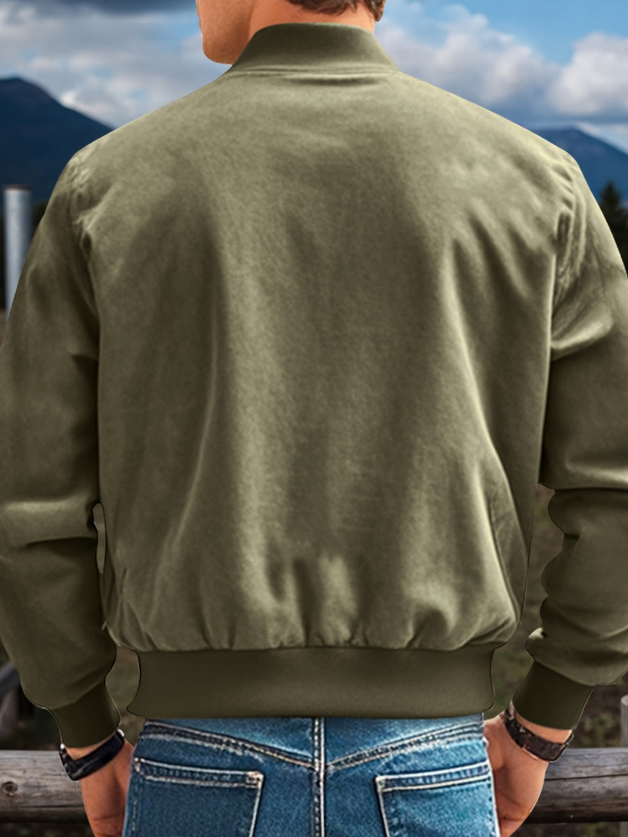Whale Crossing OBM Early Autumn New Outdoor Men's Stand Collar Zipper Jacket - Olive Green Color