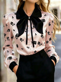 Women's Satin Rose-print Top, Long-sleeve Button-up Shirt with Bow Collar - Pink Color
