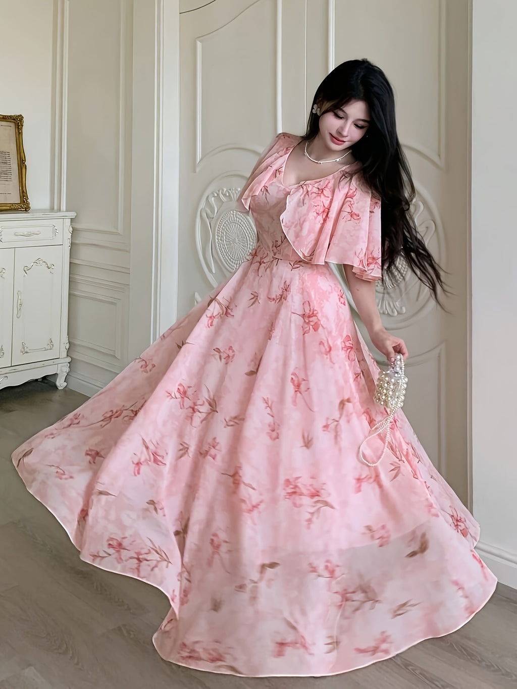 Elegant Women'S V-Neck Cape Design with Floral Print Chiffon Waist And Flared Dress - Pink