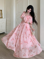 Elegant Women'S V-Neck Cape Design with Floral Print Chiffon Waist And Flared Dress - Pink