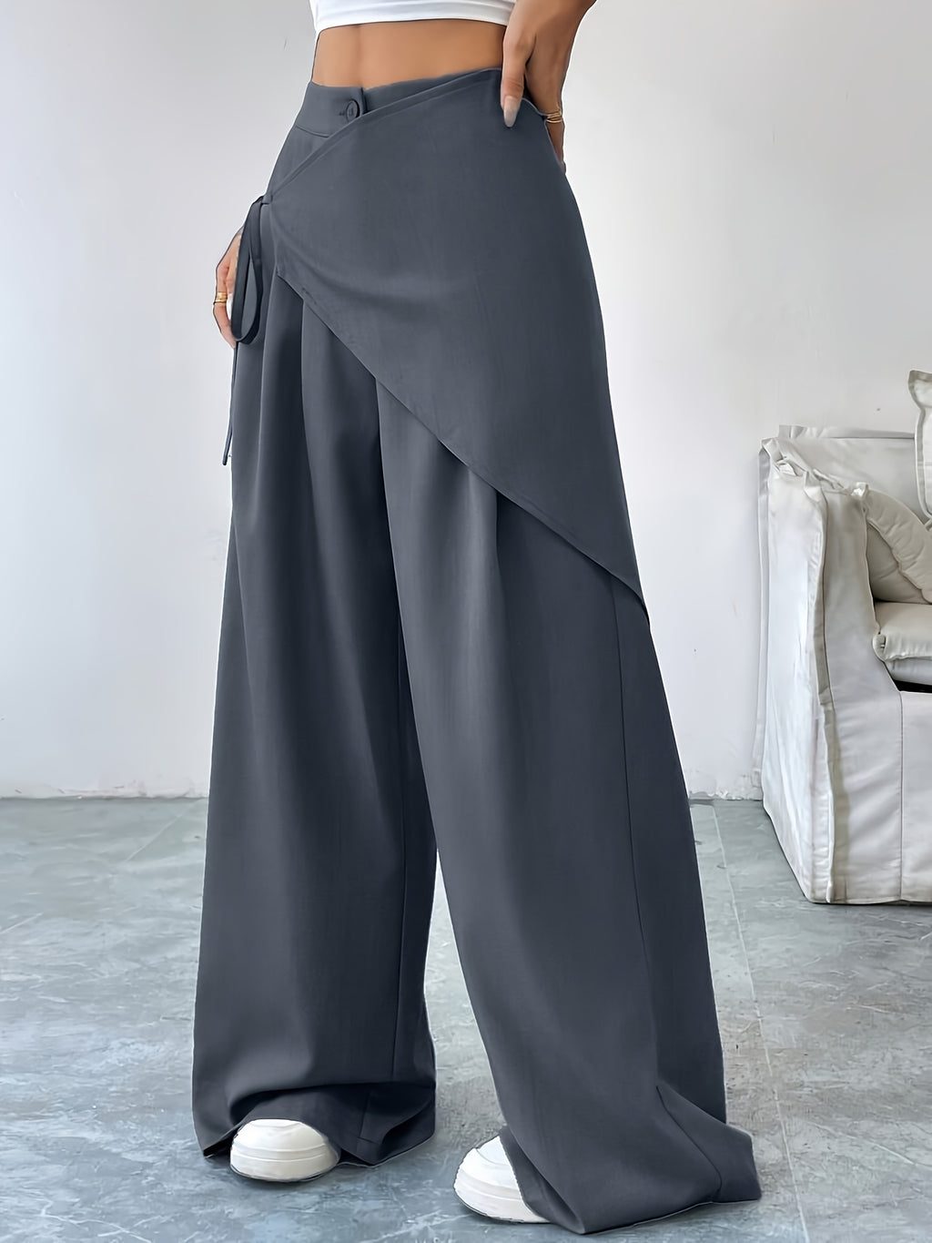 Women's Solid Color Cross-Tie Loose-Fit Leg-Length Casual Pants - Grey