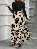 Women's Elegant Spliced Print Contrast Color Tie Dress - Multicolor