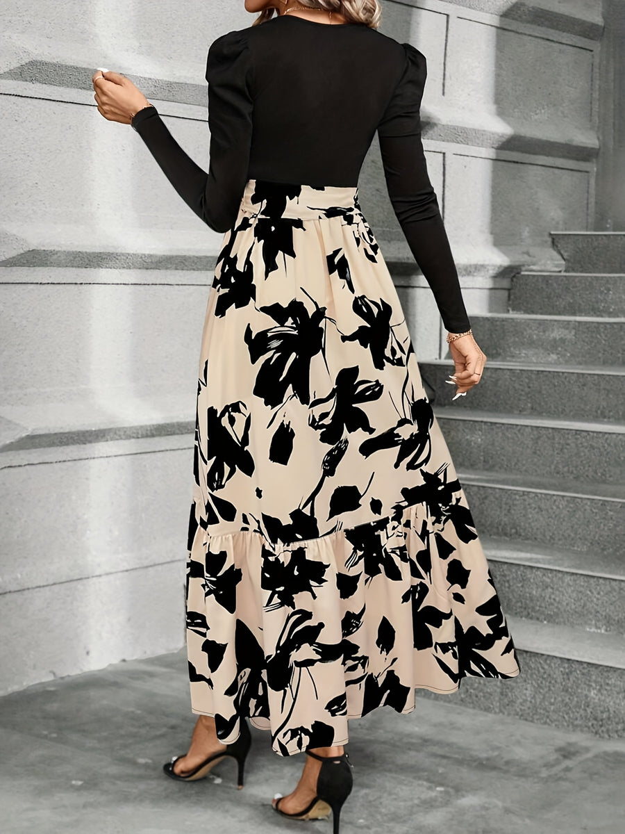 Women's Elegant Spliced Print Contrast Color Tie Dress - Multicolor