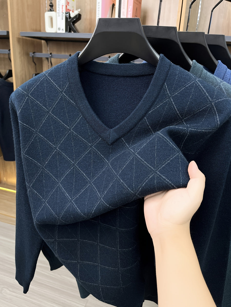 Men's V-neck Knitted Warm Casual Simple Autumn/Winter Thermal Sweater - Navy Color