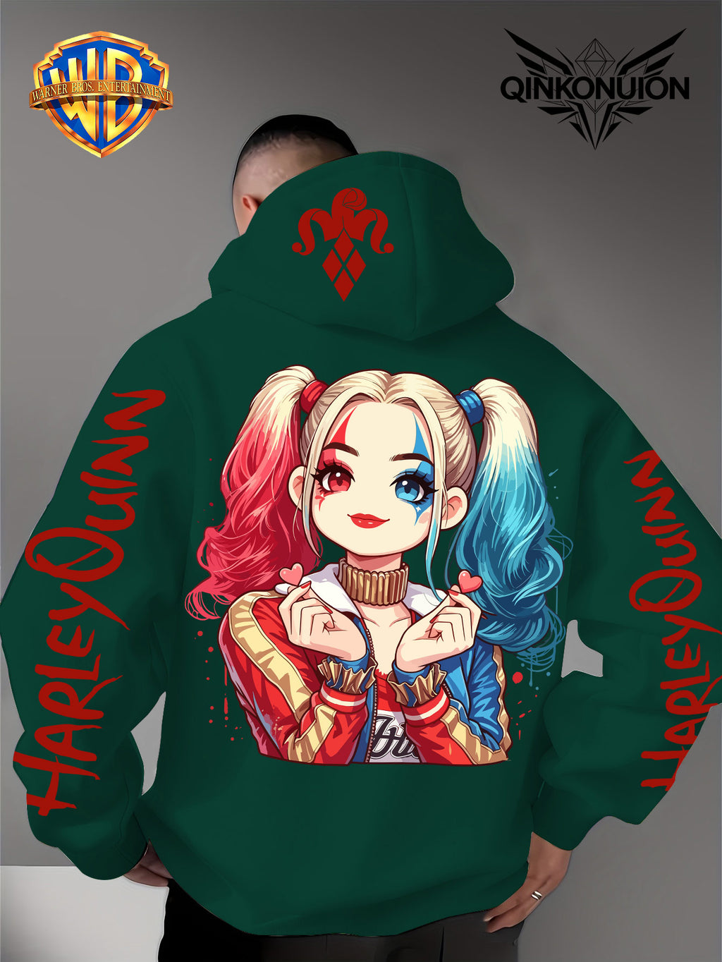 Warner Official Men'S Hoodie, Q-Version Quinn Red Blue Double Ponytail Cute Print Design, Machine Washable, Warm And Casual for Autumn And Winter, Daily Drawstring Hoodie, Multifunctional Sports And Casual Loose Fit - Green