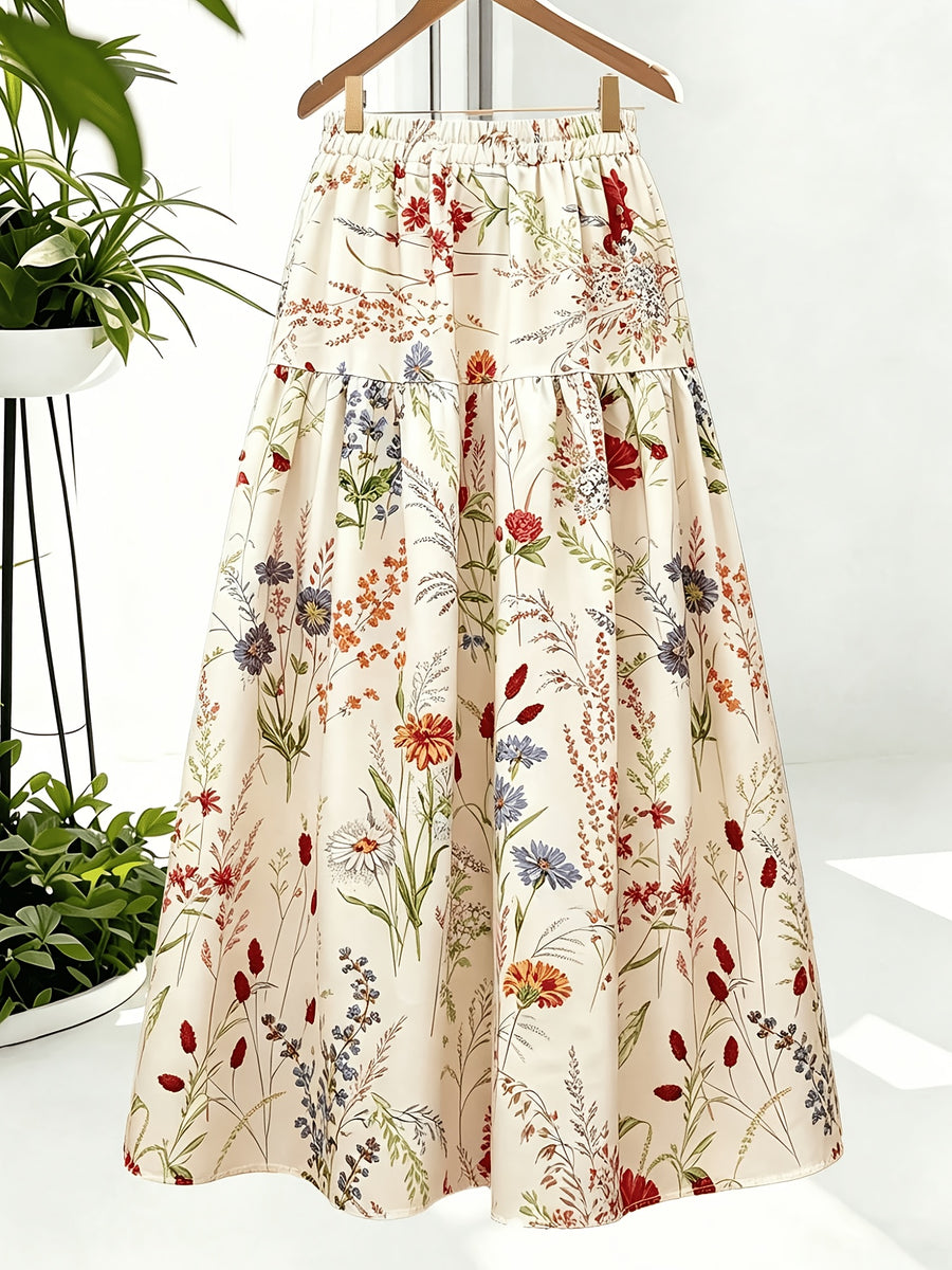 Women'S Multicolor Printed Elastic Waist Tiered Long Skirt, Beige, Spring Summer Fall Style, Bohemian Aesthetic, Picnic And Vacation Wear, Elegant Choice, Street Photography, Teacher Outfit - Off-white
