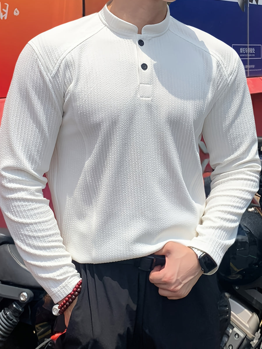 Men'S Casual Sports T-Shirt, Men'S Fashion Trend Splicing Design Stand-Up Collar Long-Sleeved Men'S T-Shirt Men'S Sweatshirt, Loose Fit Textured Fabric, Suitable for Daily Casual Wear - White
