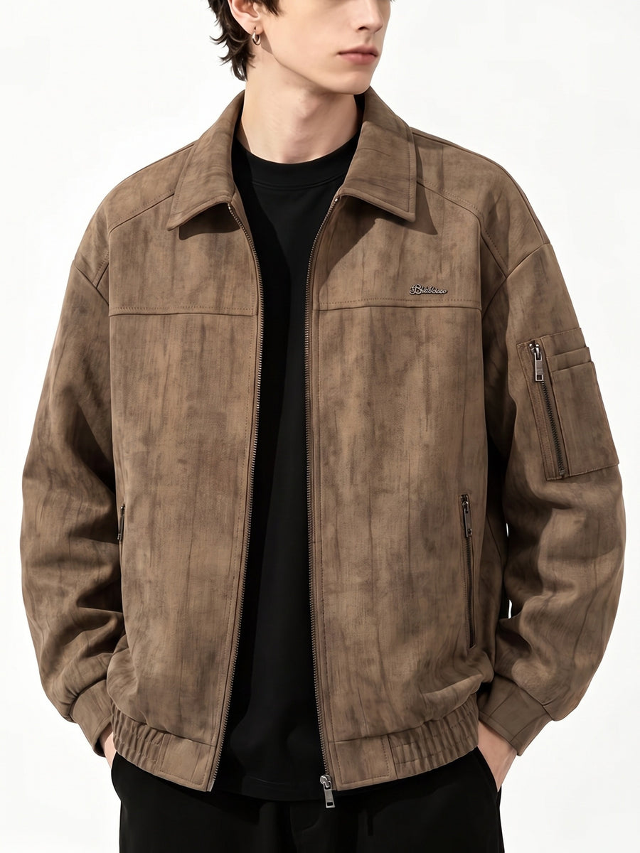Men's Streetwear Workwear Style Lapel Jacket with Vintage Texture, Full-Zip Casual Outerwear, Multi-Zipper Practical Pocket Design, Regular Fit for Comfort and Versatility. This Casual Coat Is Suitable for All Occasions in Spring and Autumn - Brown