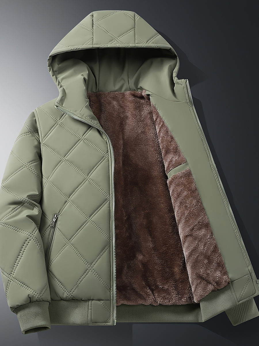 New Autumn/Winter Men's Diamond Stitch Hooded Padded Coat, Plush -Lined Thickened Outerwear, Outdoor Hiking Cold-Proof Warm Windproof Zipper Pocket Padded Coat - Military Green