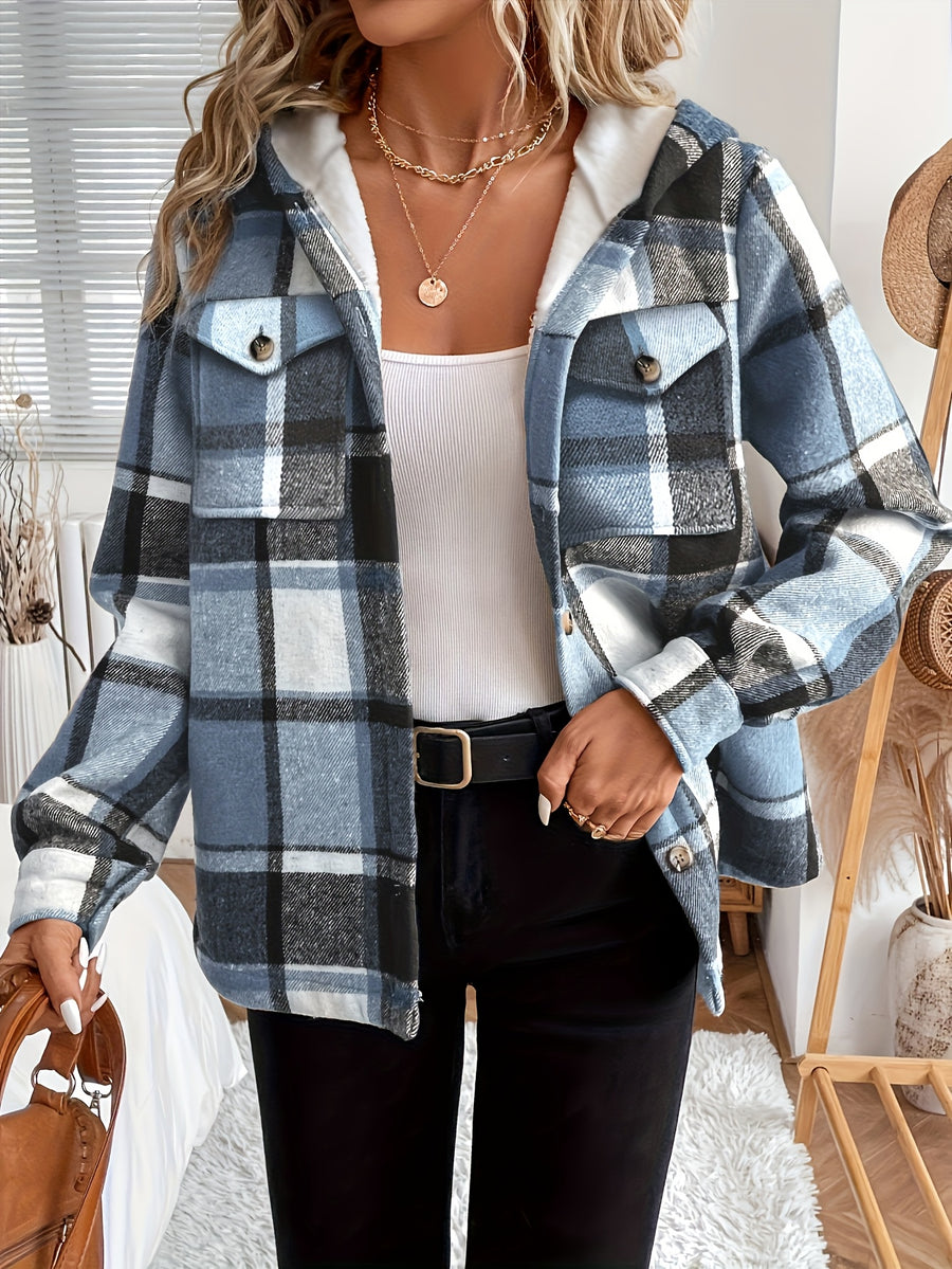 Women'S Casual Plaid Fleece Lined Hooded Regular Jacket, Napped Plaid Fleece-Lined Women'S Top, Hooded Shirt - Blue