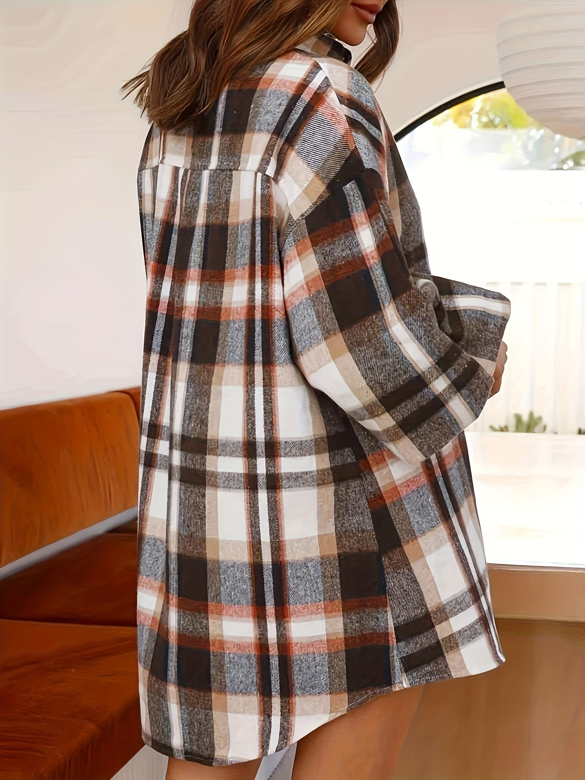 Women's Flannel Lantern Cufflinks Casual Short Plaid Blouse Jacket Elegant Special Section - Orange Plaid