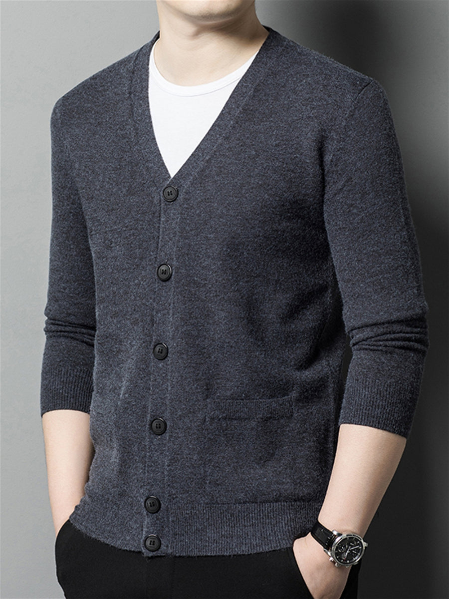 Autumn Winter Knit 3D Solid Color V-Neck Sweater, Basic Knit Cardigan for Men, Fashionable Long Sleeve Sweater, Cangyuan Y - Deep Gray