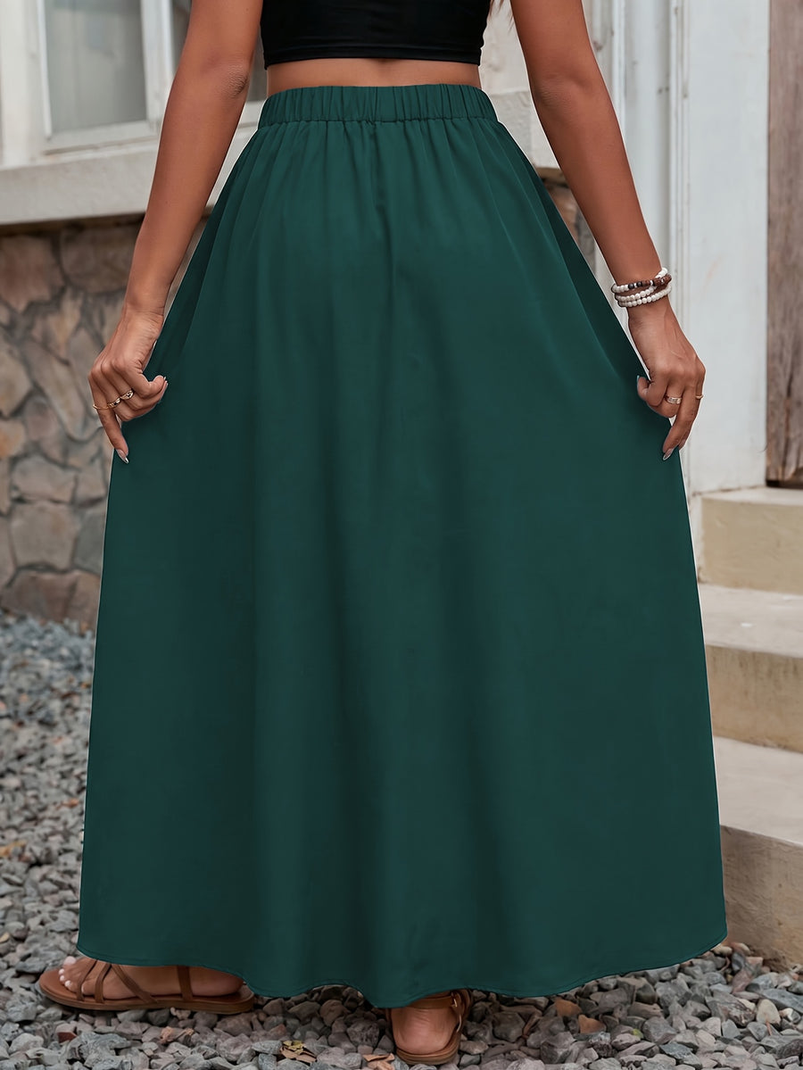 DJ260423739 Elegant Women's Solid Color Versatile Side Slit Loose Half Skirt - Green
