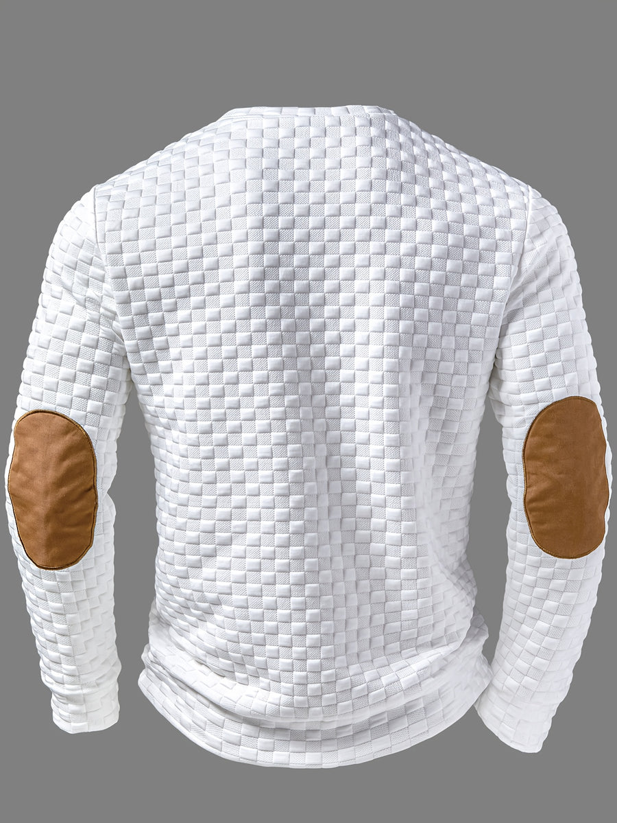 Men'S Fashion Men'S Clothing Top T-Shirt, Autumn Winter Outdoor Casual Textured Small Check Round Neck Contrast Color Patchwork Long Sleeve Men'S Henley Shirt - White