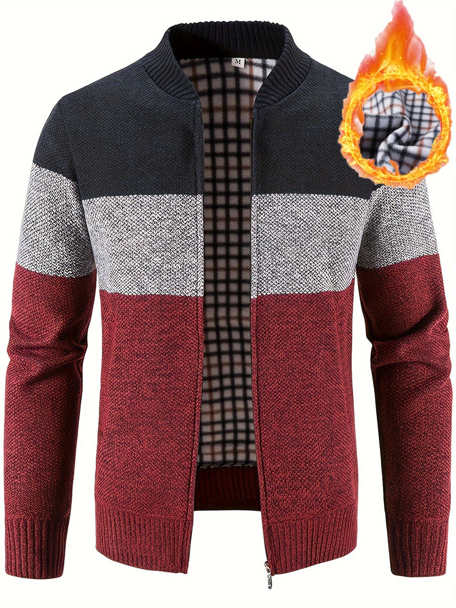 Men'S Casual High Neck Fleece Jacket, Color Block Knit Cardigan, Mid Stretch Zip-Up Fall/Winter Outerwear, Regular Fit with Placket Closure, Thick - Red