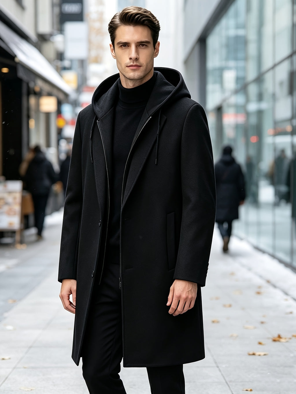 8803 New Thickened Warm Casual Business Removable Hooded Style Thickened Velvet Blend Trench Coat Men'S Jacket - Black