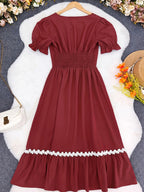 Women's Ombre Color Casual Elegant Vacation Wrap-Front Waist-Cinching A-Line Lace Trim Dress - The color of rouge
