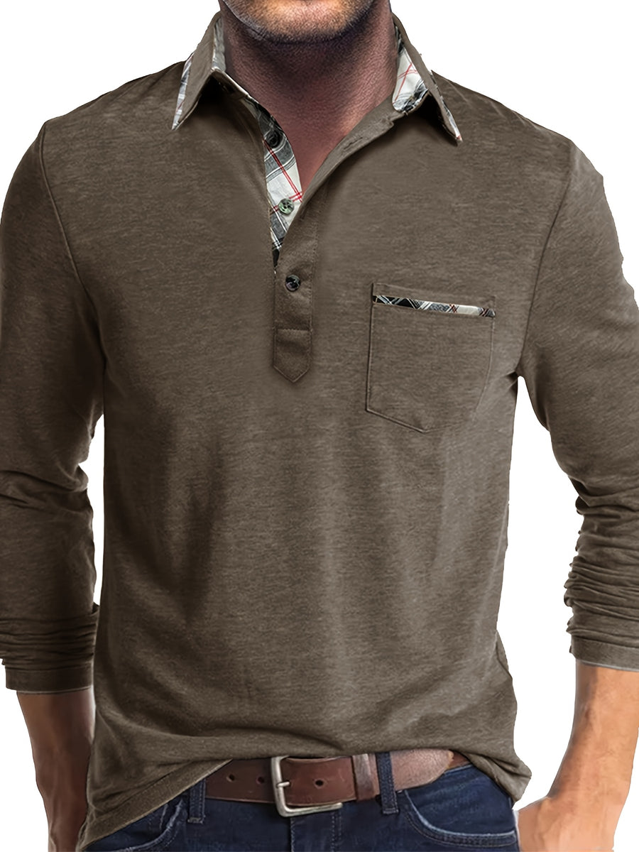 Spring and Autumn Fashion Men's Lapel Pocket Polo Shirt, Solid Color Casual Commuter Pocket Top - Coffee Color