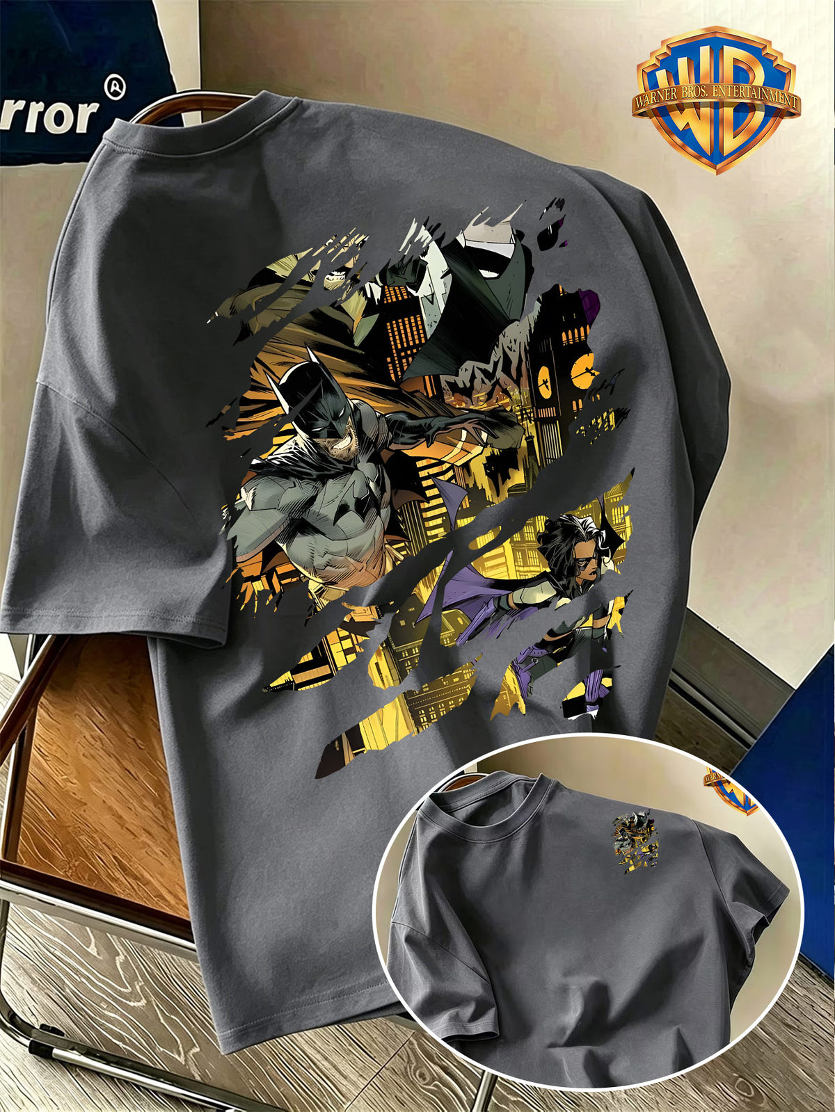 Warner Licensed American Retro Cartoon Men'S Round Neck Short Sleeve T-Shirt, BATMAN Ripped Bat Symbol Comic Scene Creative Pattern Print, Individual Niche Casual Men'S Top, Breathable Skin-Friendly Comfortable Fabric - Dark Gray