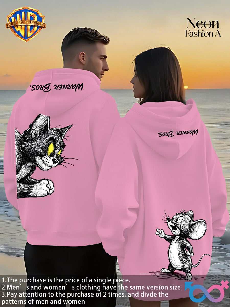 1pc Warner Bros. Cartoon Classic Couple's Sweatshirt, Unisex Long-Sleeve Top with Playful WB Anime Character Action Print on the Back, Trendy, Fashionable, Versatile, Streetwear, Comfortable, and Casual Outerwear, Chinese National Trend - Men's-Pink