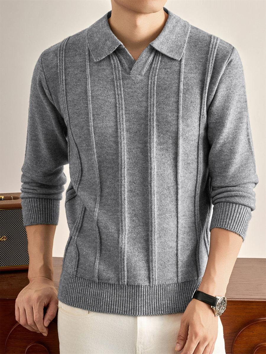 Men's Solid Color Lapel Polo Sweater - Thick Warm Knit Pullover with Lapel Collar, Long Sleeve Winter Sweater Suitable for Fall/Winter, Casual Office Wear, Basic Knitwear for Layering (Hand Washable) - Light Grey