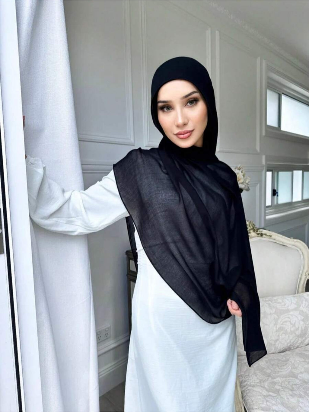 1pc Women's Black Viscose Headscarf, Soft Wide-Brimmed Scarf, Versatile, Suitable for Daily Wear - Black