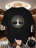 Summer Luxury Tree of Life Print Short Sleeve T-Shirt for Men- Casual T-shirt with Printed Design- Casual Round Neck, Short Sleeves, Summer Essential, Stylish Print, Comfortable Clothing. Modern Casual Style, Cool and Breathable, Durable Fabric - Black