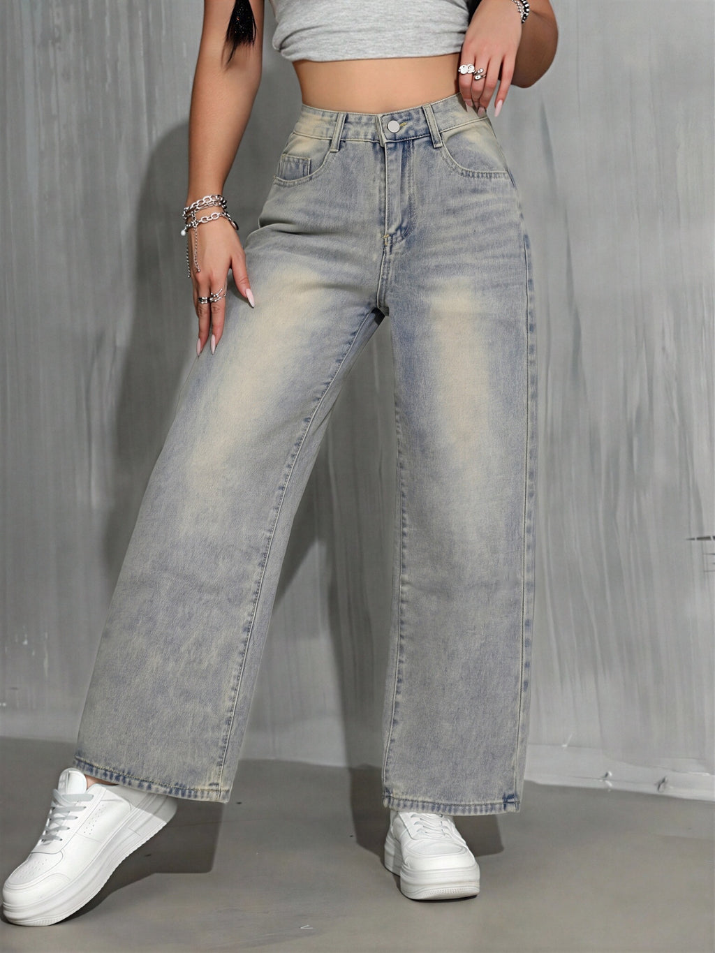 Women'S High-Waist Wide-Leg Retro Nostalgic Washed Blue Casual Loose Jeans with Pockets - 9933HJL - Azure