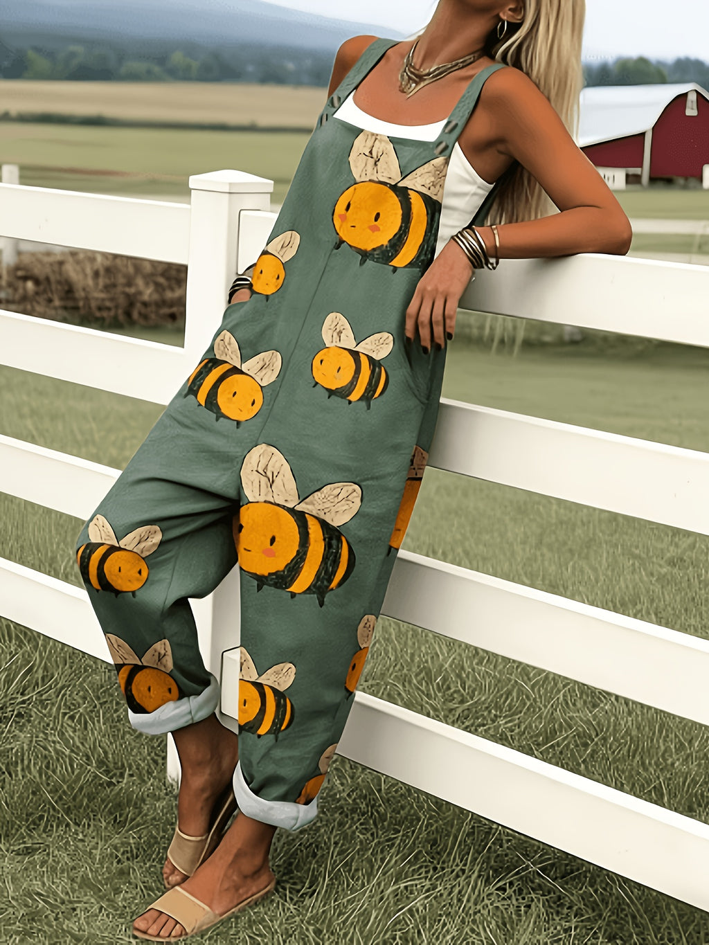Green Jumpsuit with Cartoon Bee Pattern - 0578 - Multicolor