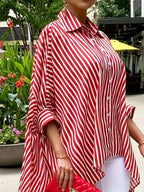 Women'S Striped Print Front Short Back Long Casual Long Sleeve Shirt - Red And White