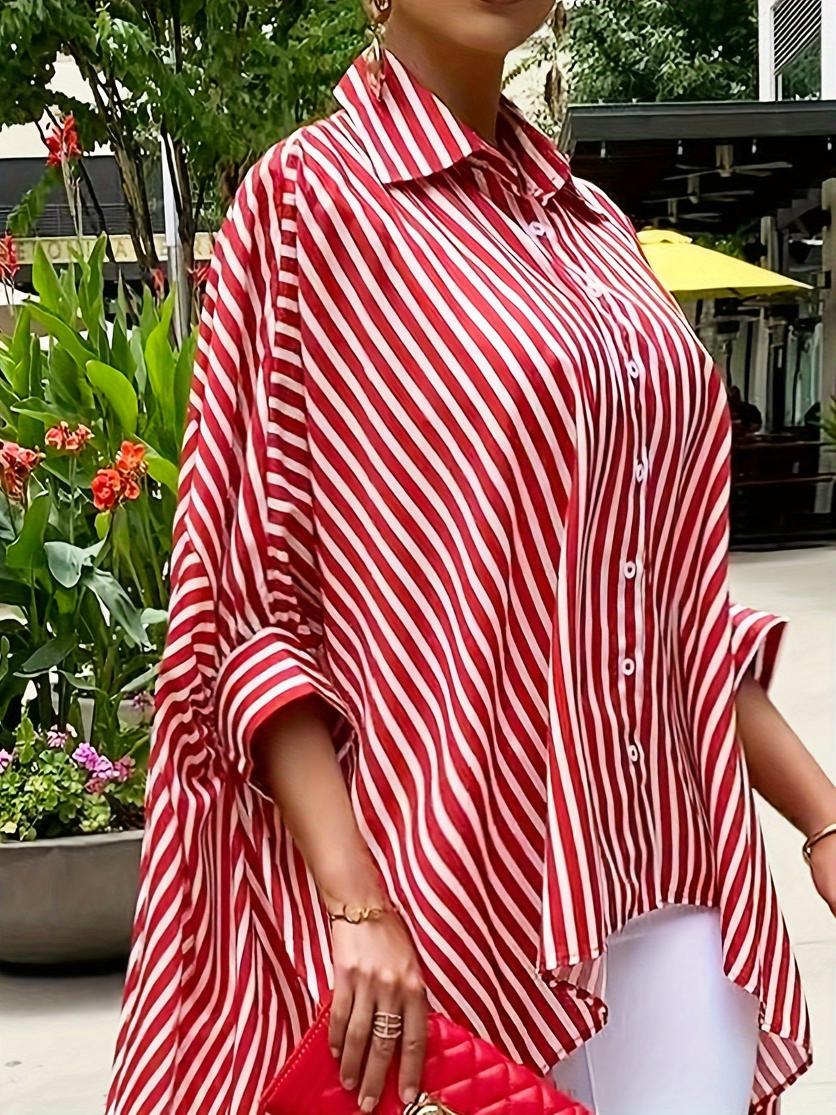 Women'S Striped Print Front Short Back Long Casual Long Sleeve Shirt - Red And White