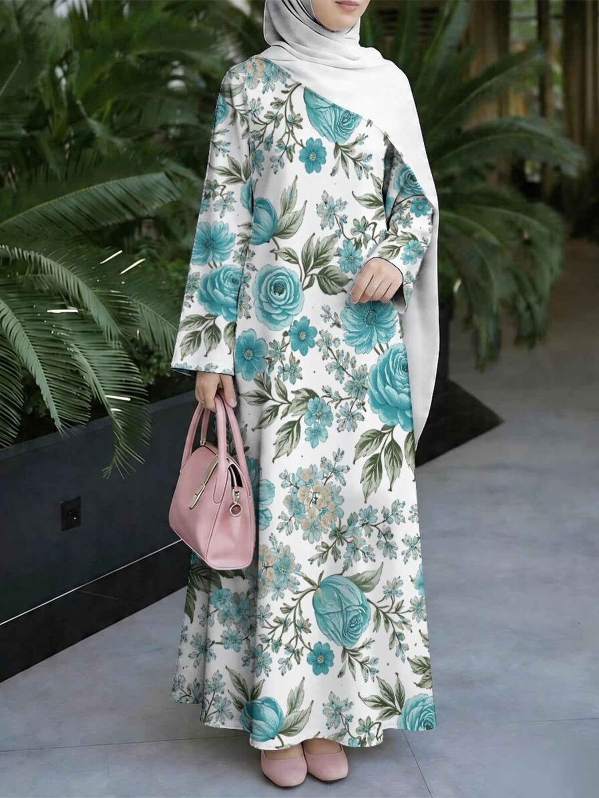 Women's Middle Eastern Style Muslim Elegant Robe, Long Dress with White Base and Blue-Green Rose Floral Print, Loose Fit with Long Flowing Sleeves and Flared Hem, Suitable for Prayer, Gatherings, and Daily Outings, Comfortable and Breathable - Mixed colors