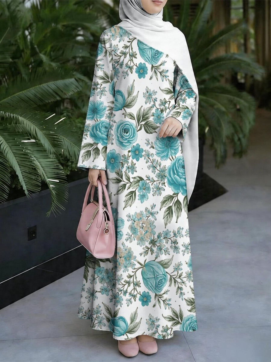 Women's Middle Eastern Style Muslim Elegant Robe, Long Dress with White Base and Blue-Green Rose Floral Print, Loose Fit with Long Flowing Sleeves and Flared Hem, Suitable for Prayer, Gatherings, and Daily Outings, Comfortable and Breathable - Mixed colors