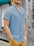 [Pearson OBM] Men'S Summer Print Short Sleeve Casual Stand-Up Collar Shirt, Button-Up Top Fashion Versatile Blouse, Lightweight Breathable Fabric for Beach Vacation Pool Party - Sky Blue