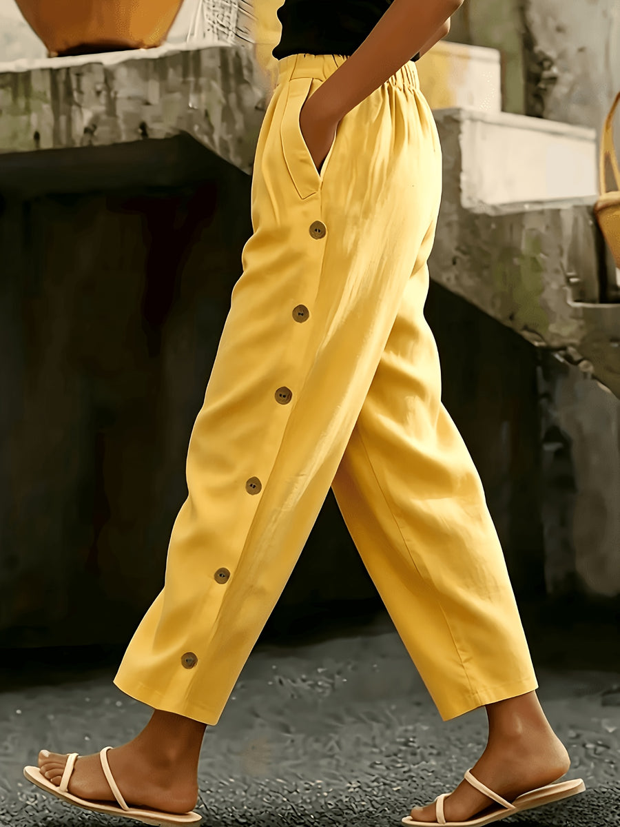 Solid Color Multi-Button Fashion Casual Ankle Pants - Casual Pants 0427 - Yellow